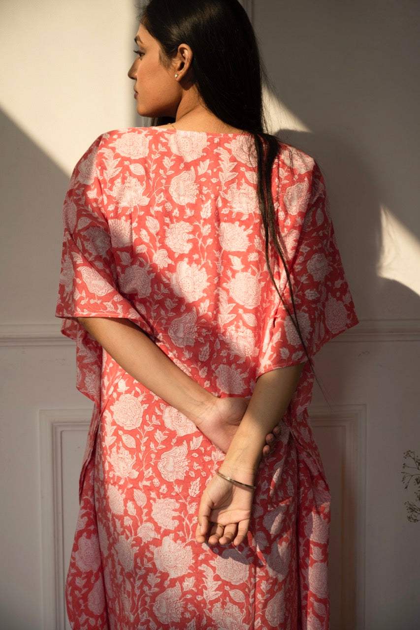 Peachish Pink Handblock Print Cotton Kaftan
