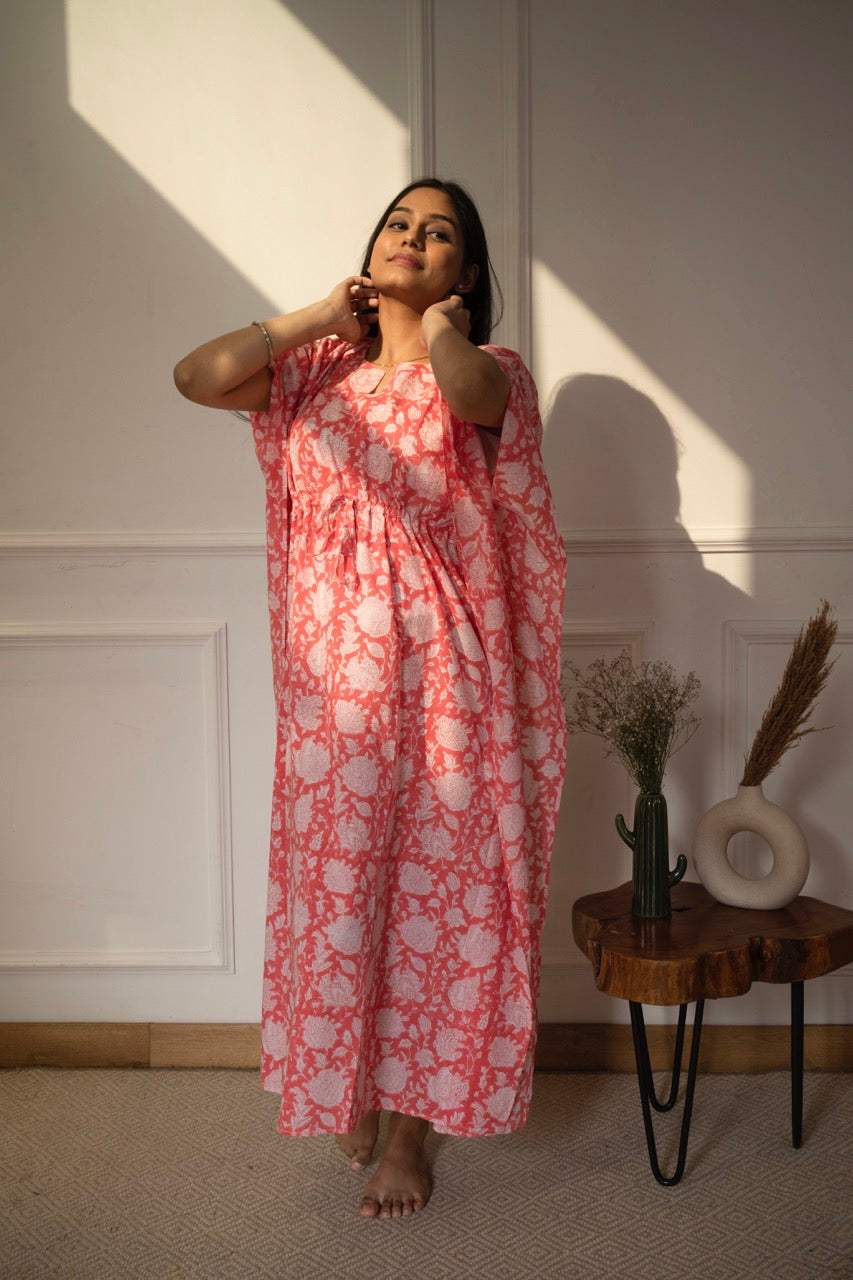 Peachish Pink Handblock Print Cotton Kaftan