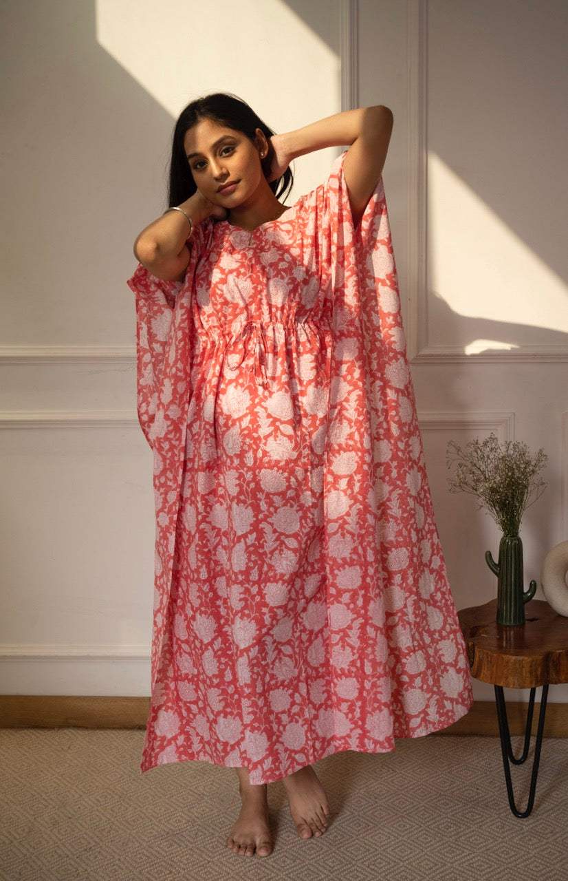 Peachish Pink Handblock Print Cotton Kaftan