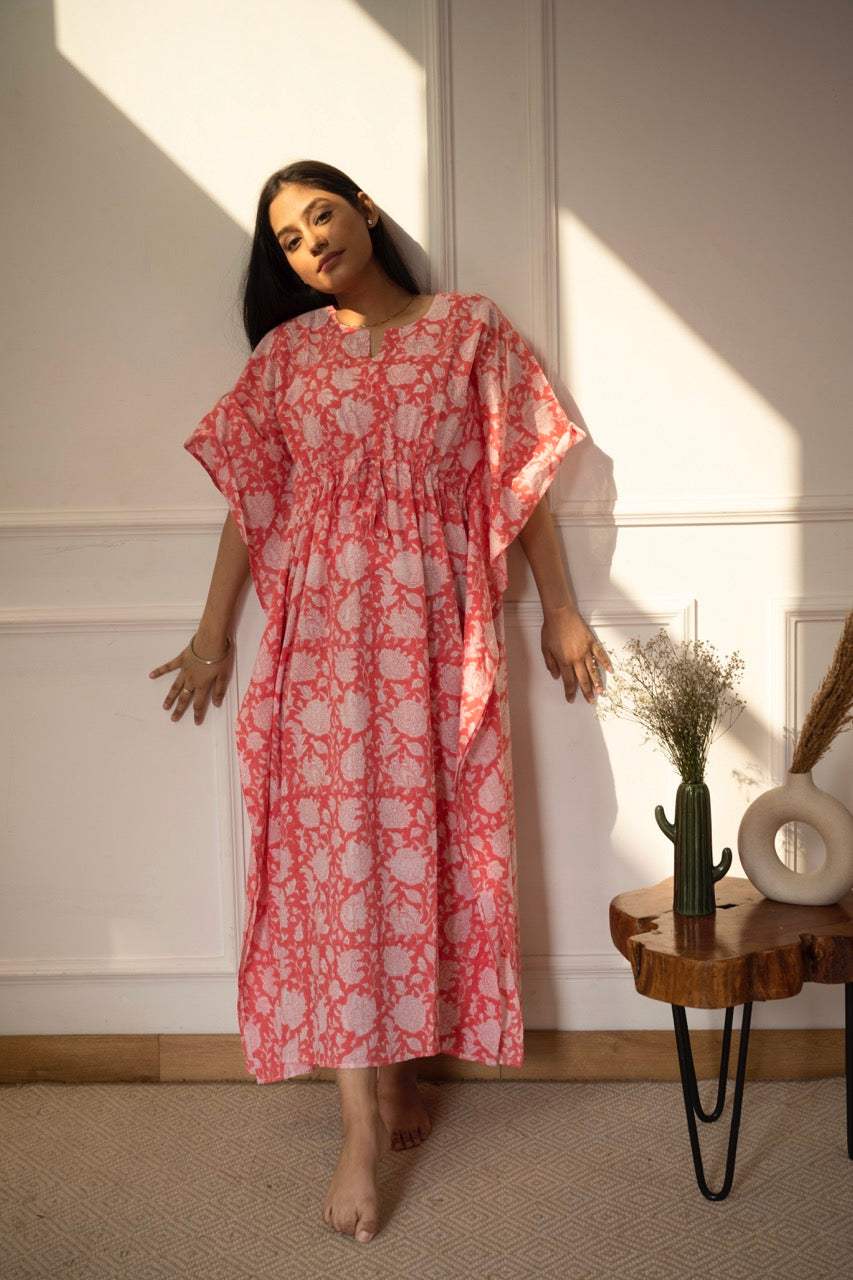 Peachish Pink Handblock Print Cotton Kaftan