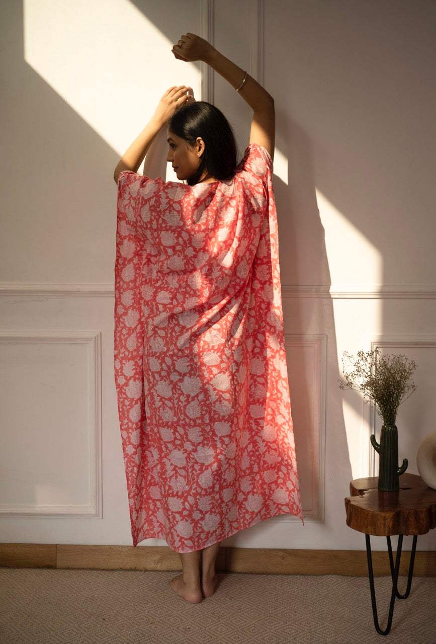Peachish Pink Handblock Print Cotton Kaftan