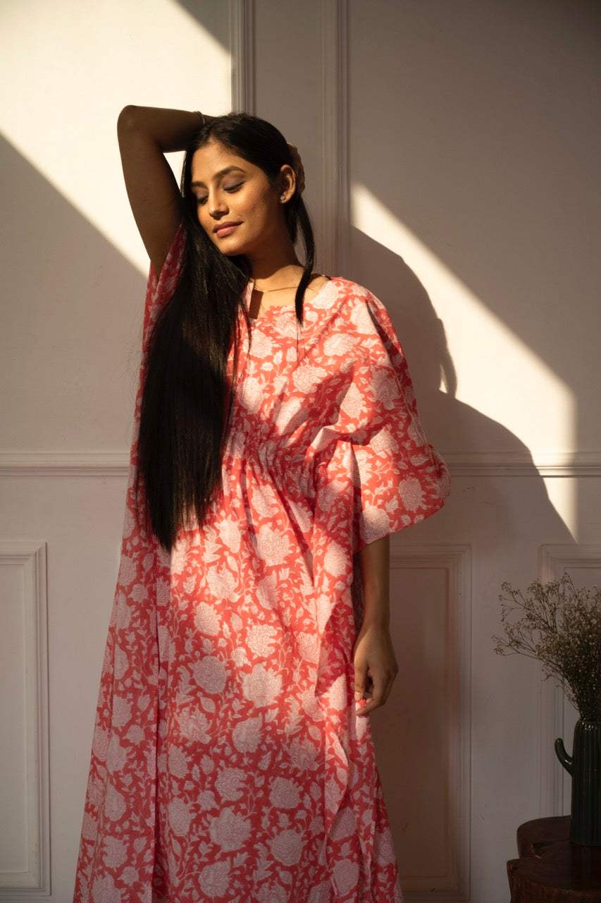 Peachish Pink Handblock Print Cotton Kaftan