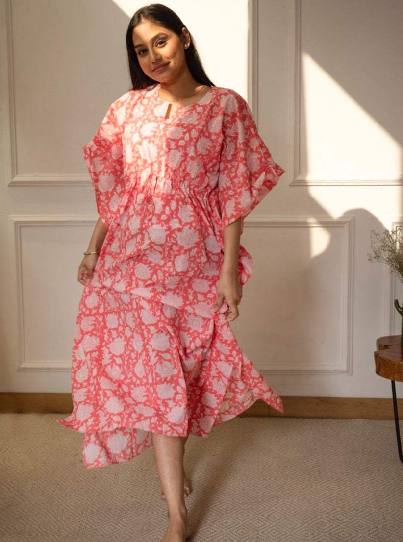Peachish Pink Handblock Print Cotton Kaftan
