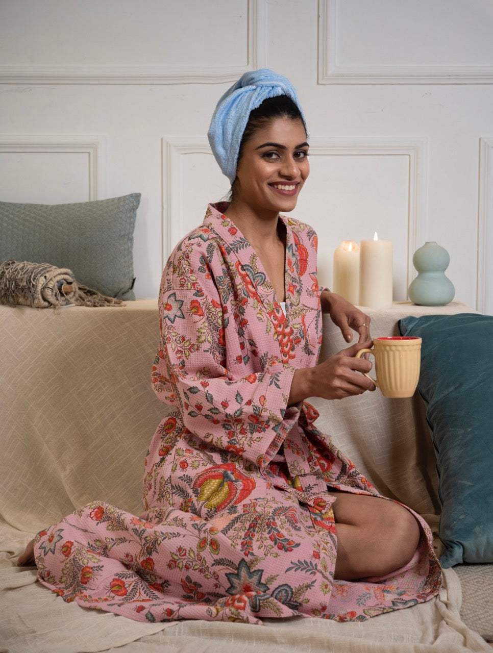 Cotton Waffle Printed Bath Robe