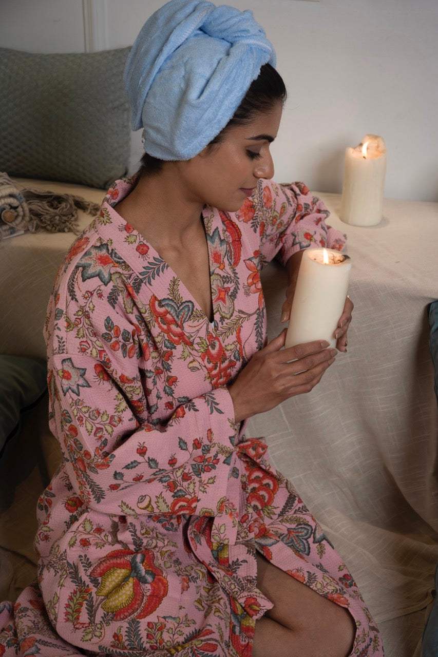 Cotton Waffle Printed Bath Robe