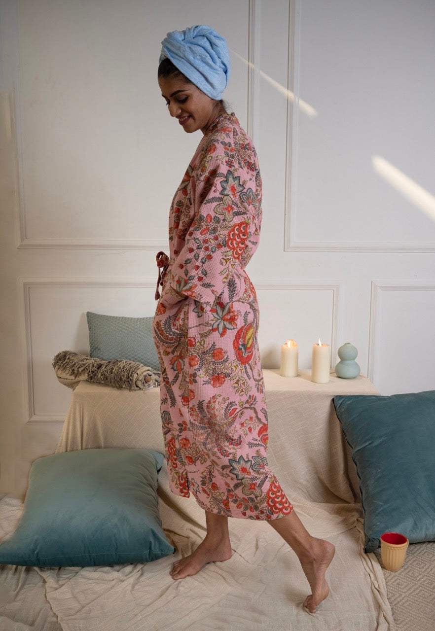 Cotton Waffle Printed Bath Robe