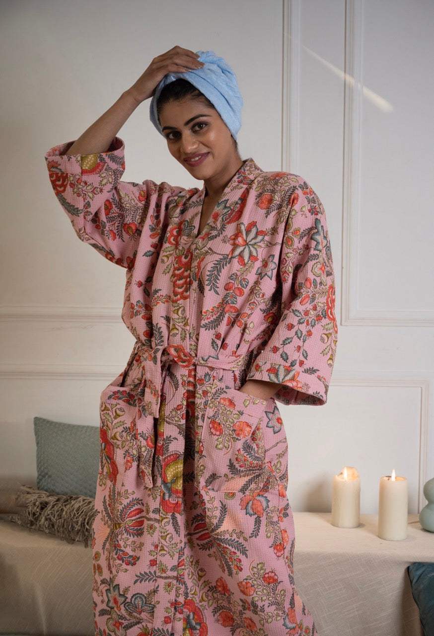 Cotton Waffle Printed Bath Robe