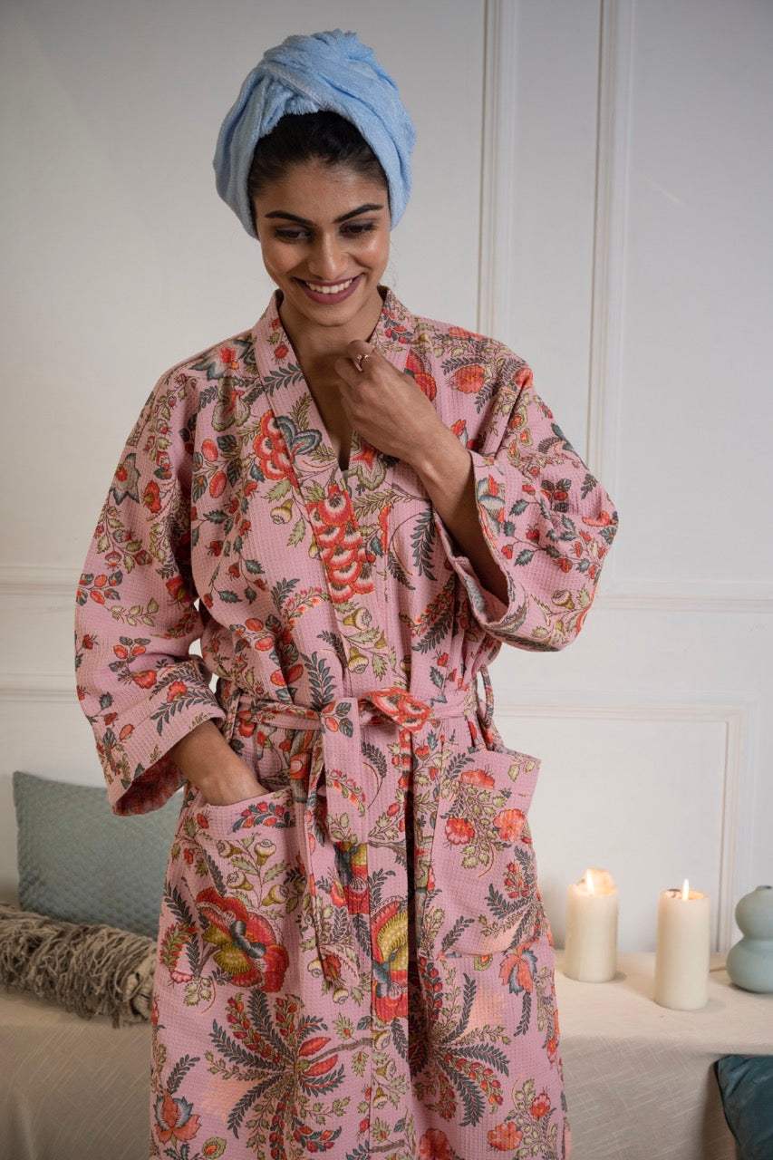 Cotton Waffle Printed Bath Robe