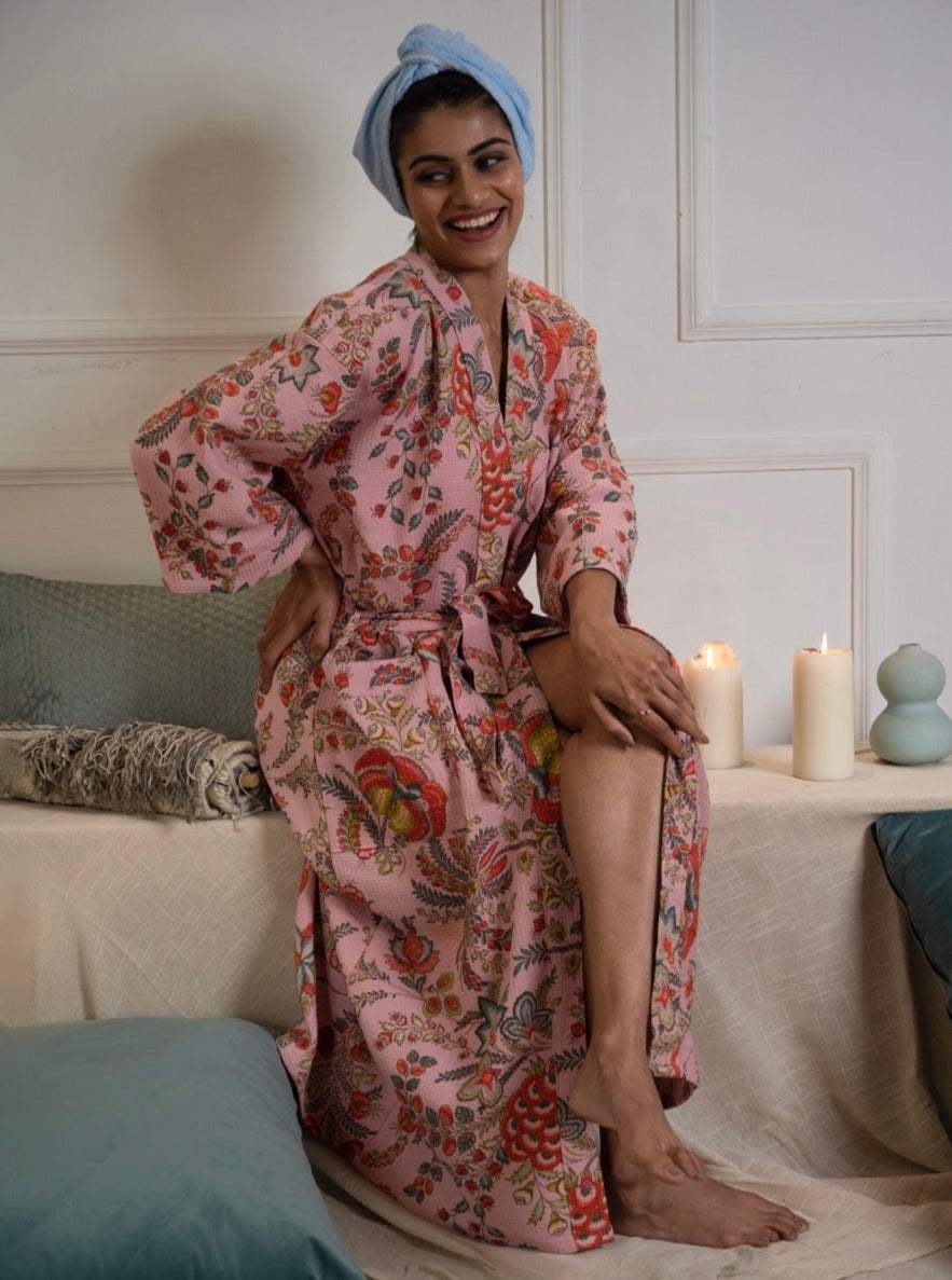 Cotton Waffle Printed Bath Robe