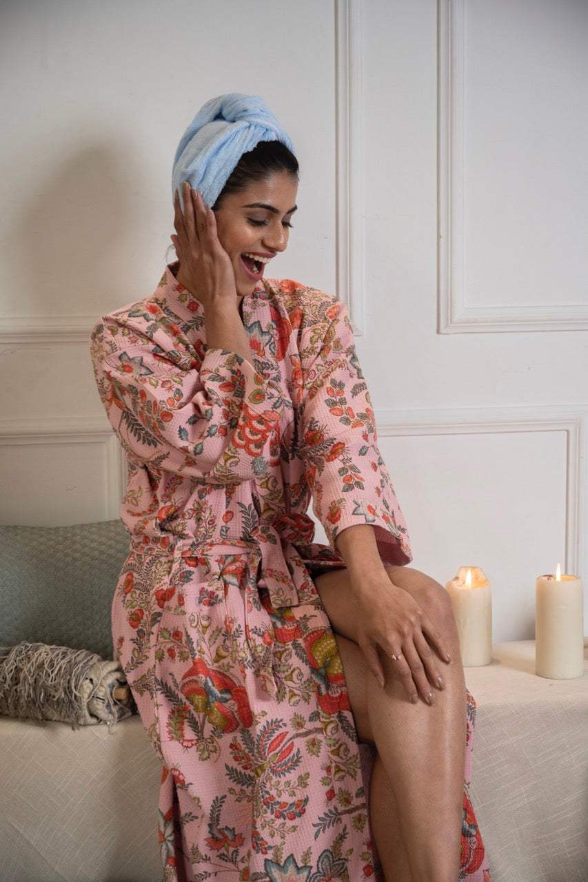 Cotton Waffle Printed Bath Robe