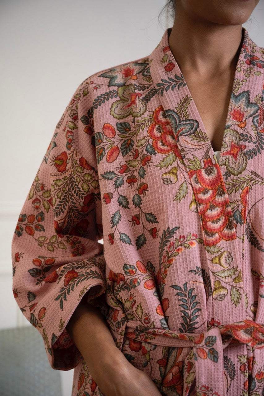 Cotton Waffle Printed Bath Robe