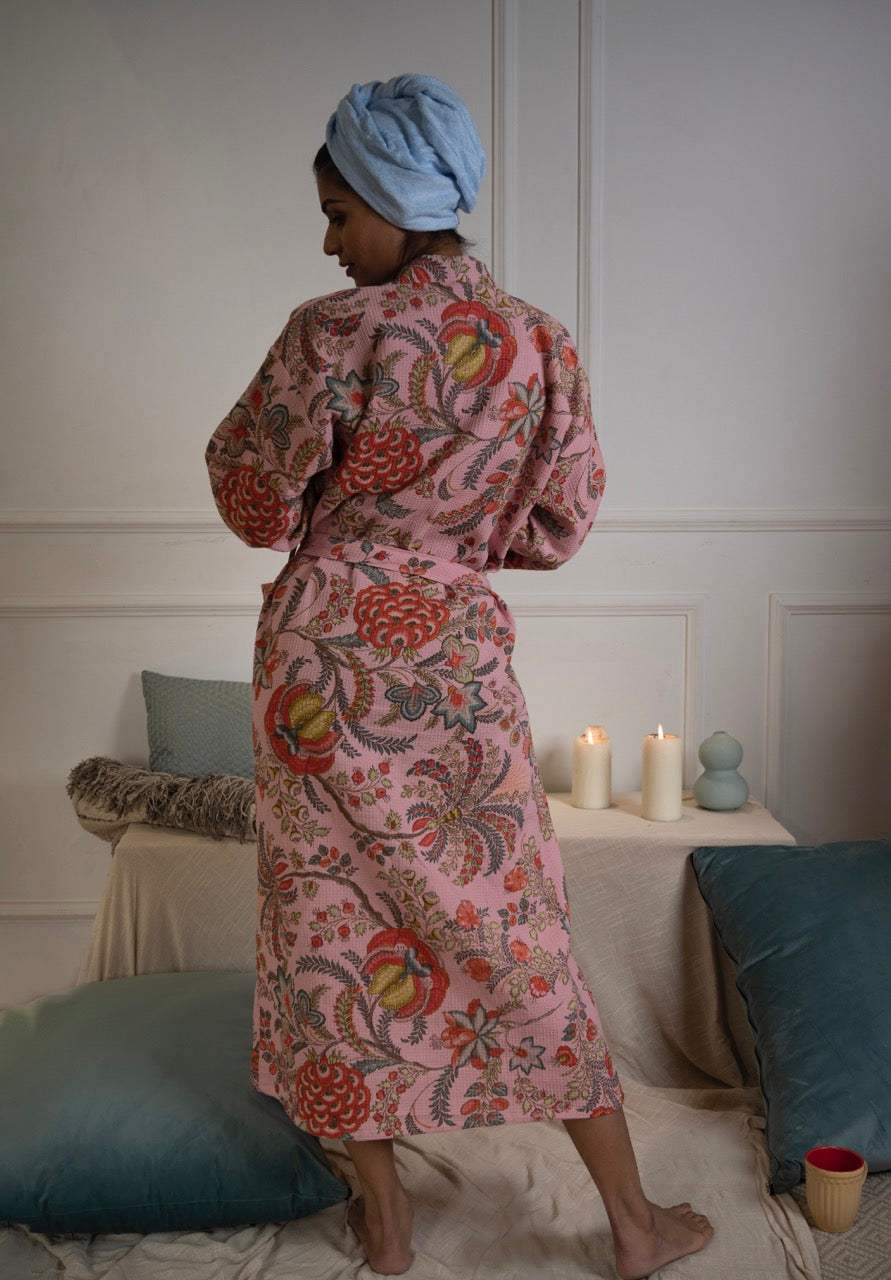 Cotton Waffle Printed Bath Robe