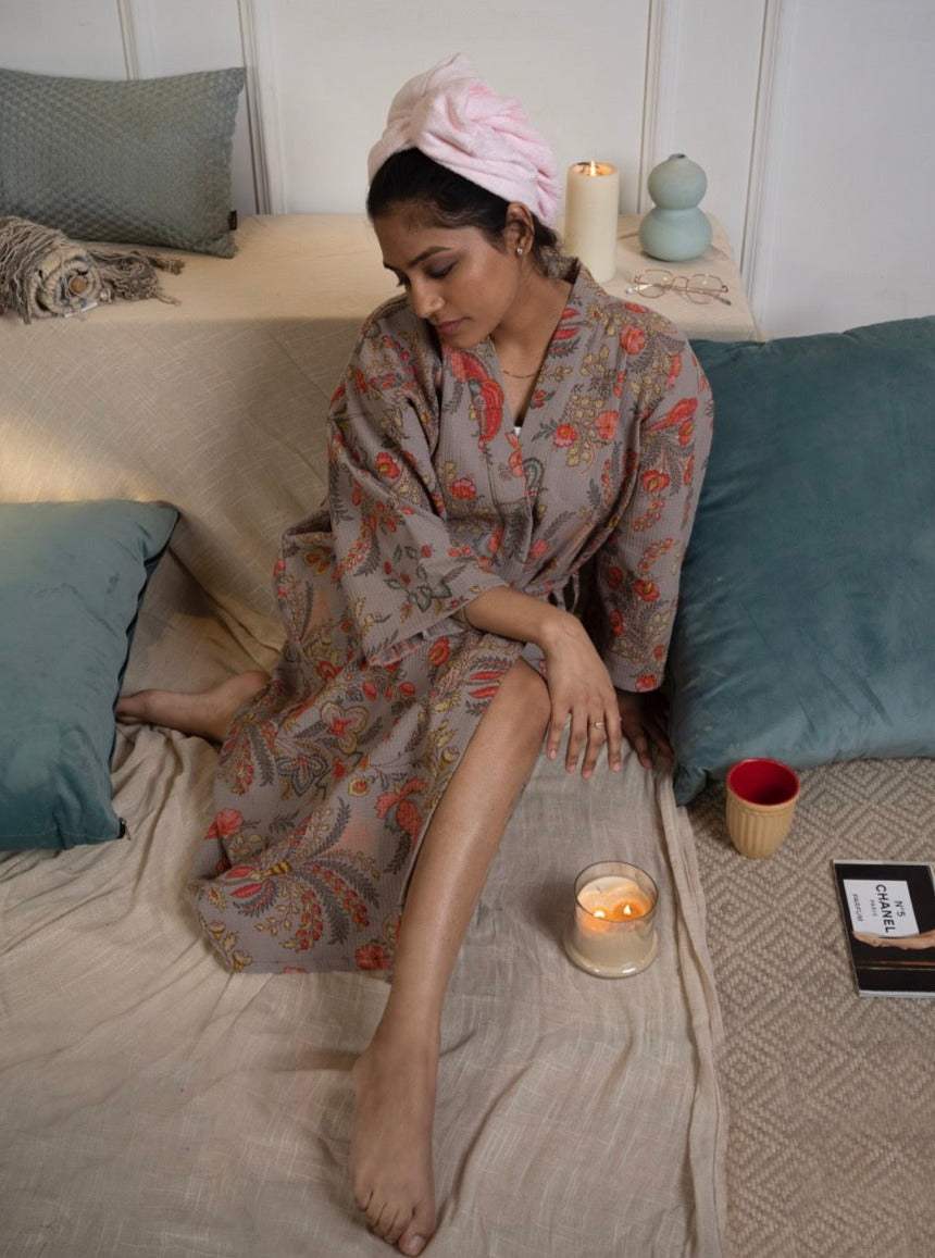 Cotton Waffle Printed Bath Robe