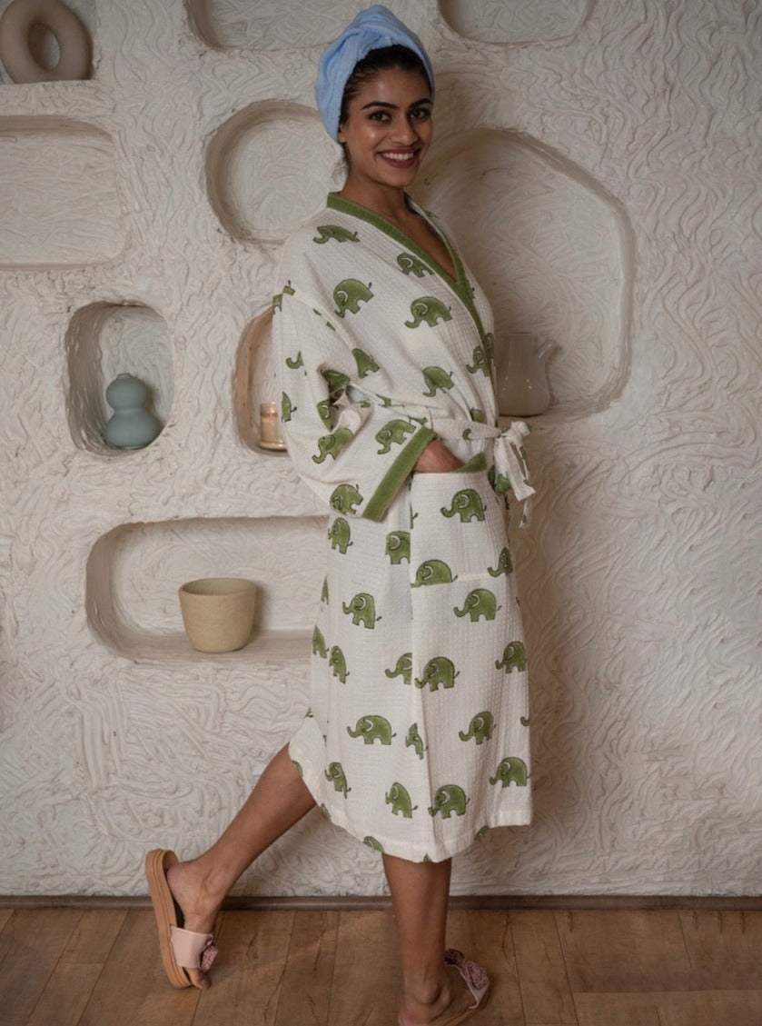 🐘 Elephant Cotton Waffle Handblock Printed Bath Robe