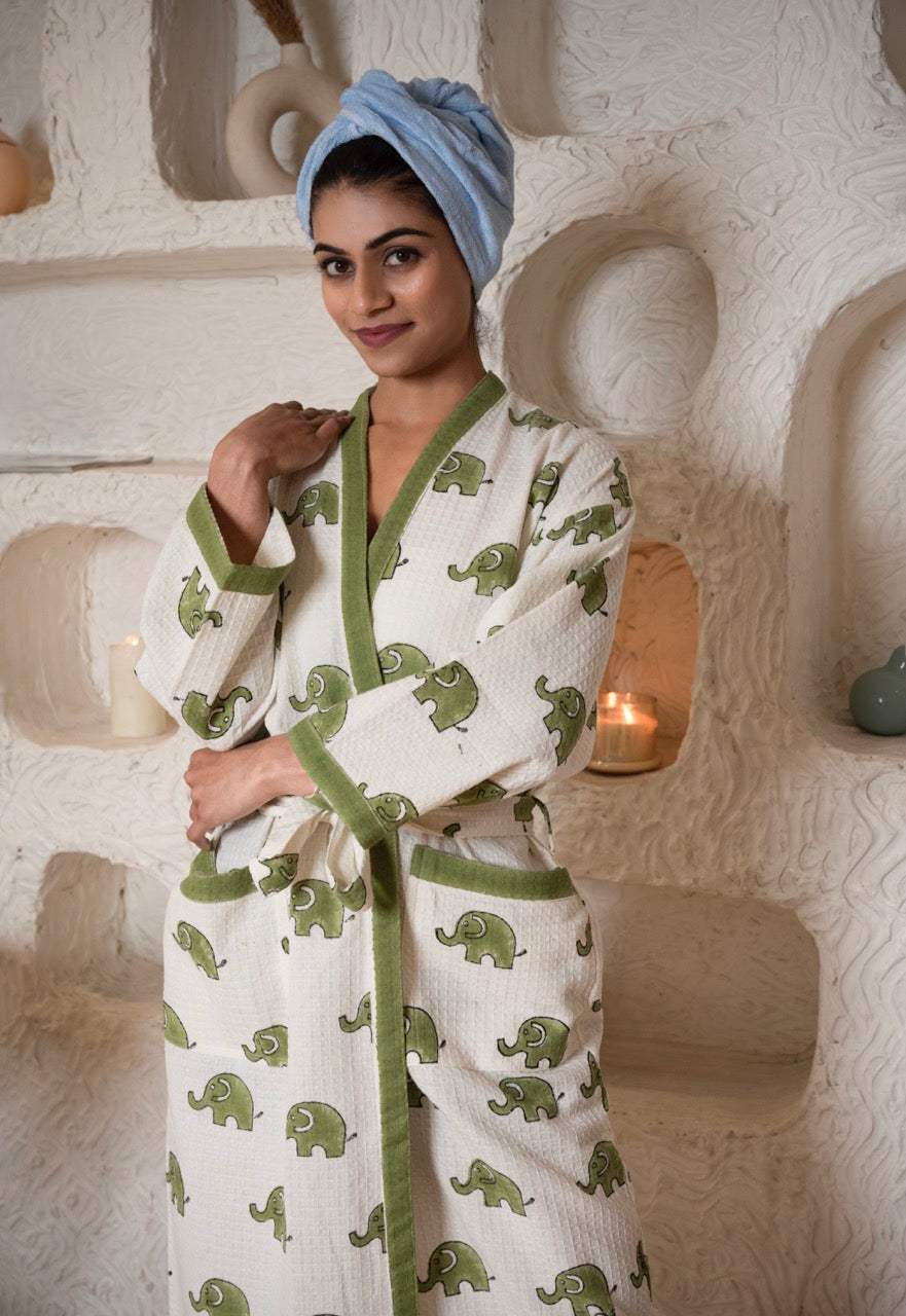 🐘 Elephant Cotton Waffle Handblock Printed Bath Robe