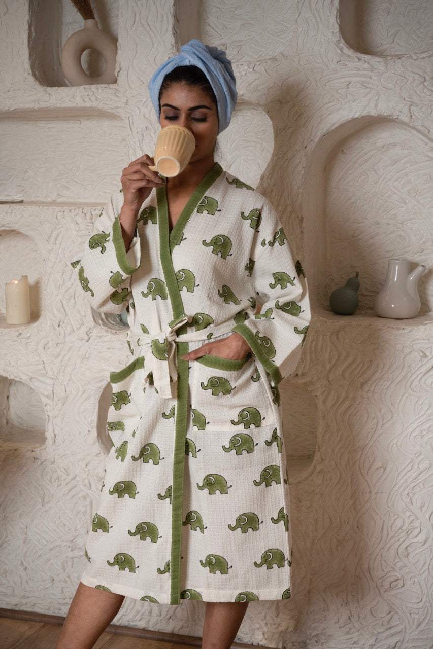 🐘 Elephant Cotton Waffle Handblock Printed Bath Robe