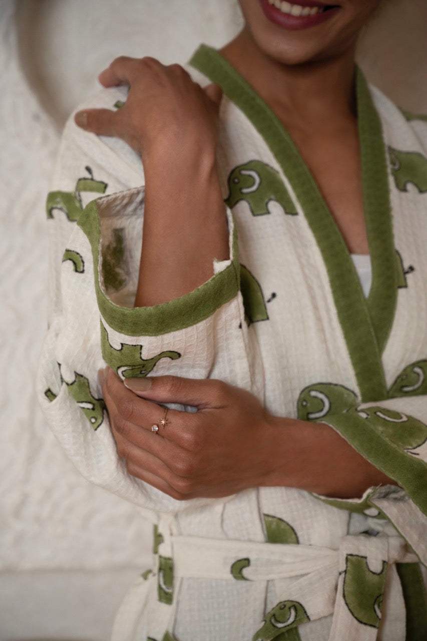 🐘 Elephant Cotton Waffle Handblock Printed Bath Robe