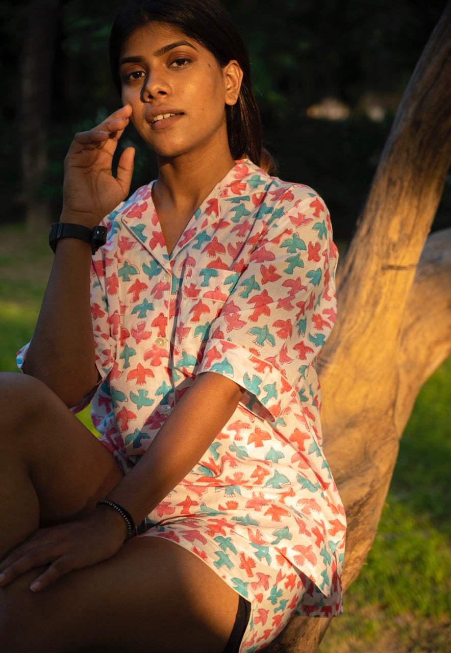 Colorful Birds Cotton Printed Night Suit Set