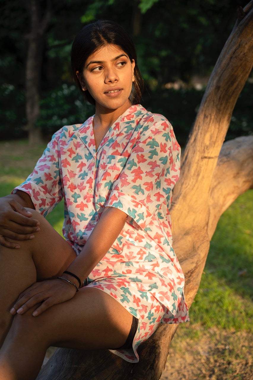 Colorful Birds Cotton Printed Night Suit Set