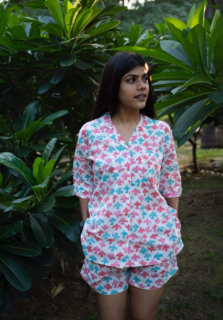 Colorful Birds Cotton Printed Night Suit Set