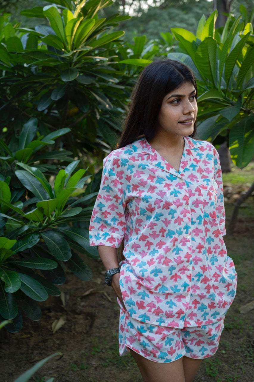 Colorful Birds Cotton Printed Night Suit Set