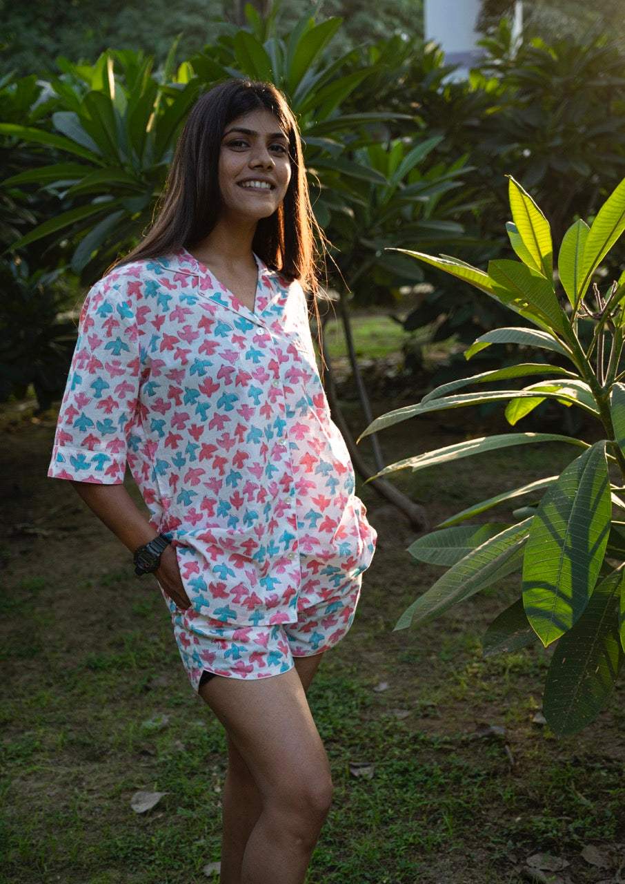 Colorful Birds Cotton Printed Night Suit Set