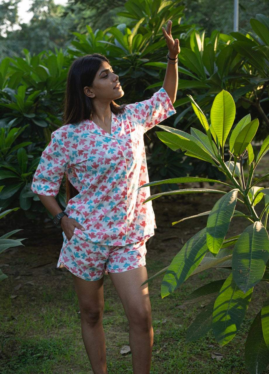 Colorful Birds Cotton Printed Night Suit Set