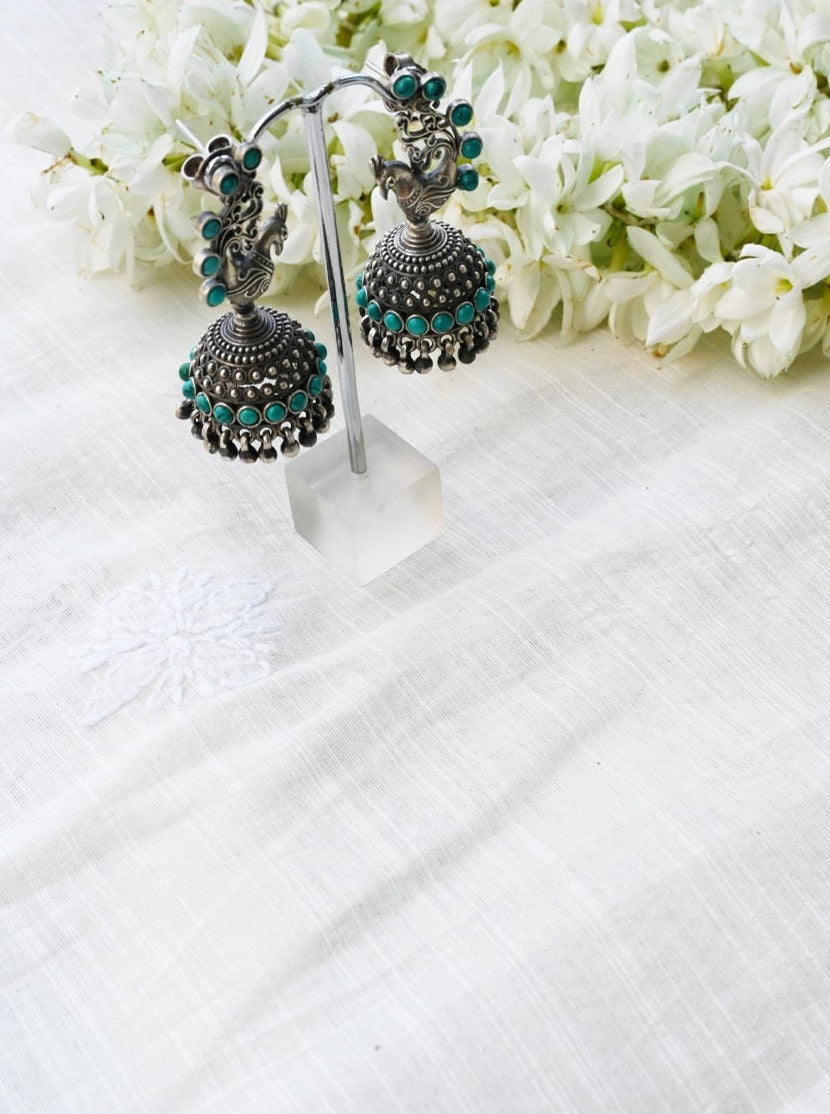 Handcrafted Peacock Silver Jhumkis with Turquoise Beads