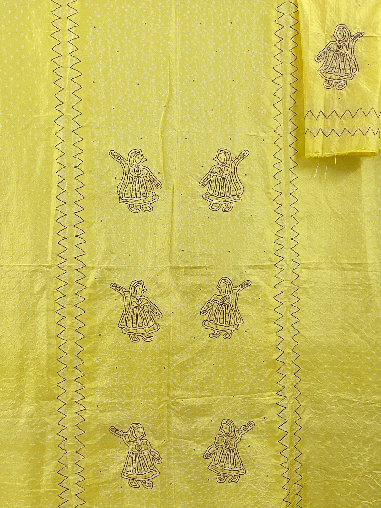 Yellow Pure silk bandhani kurta fabric with Embroidery