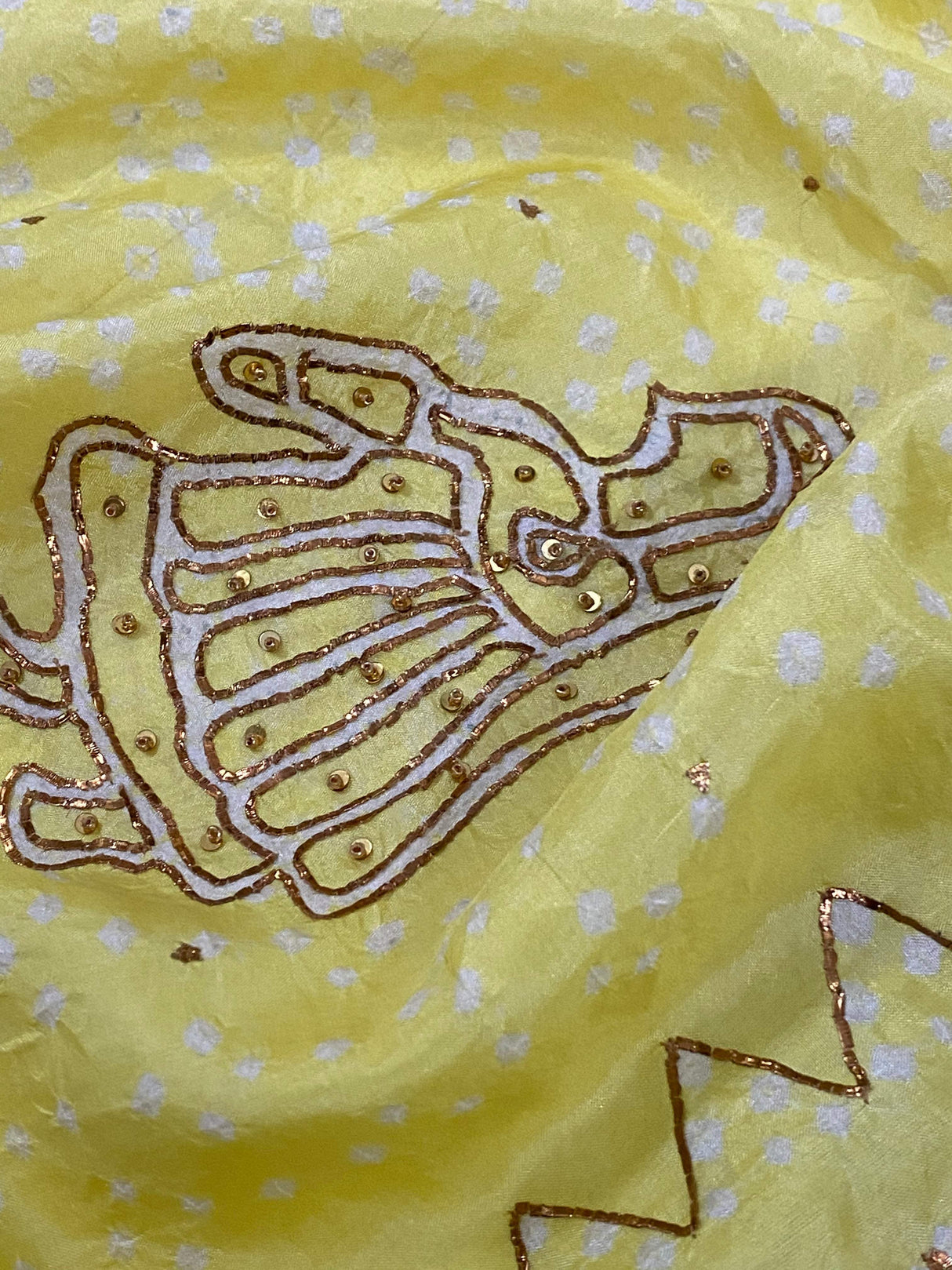 Yellow Pure silk bandhani kurta fabric with Embroidery