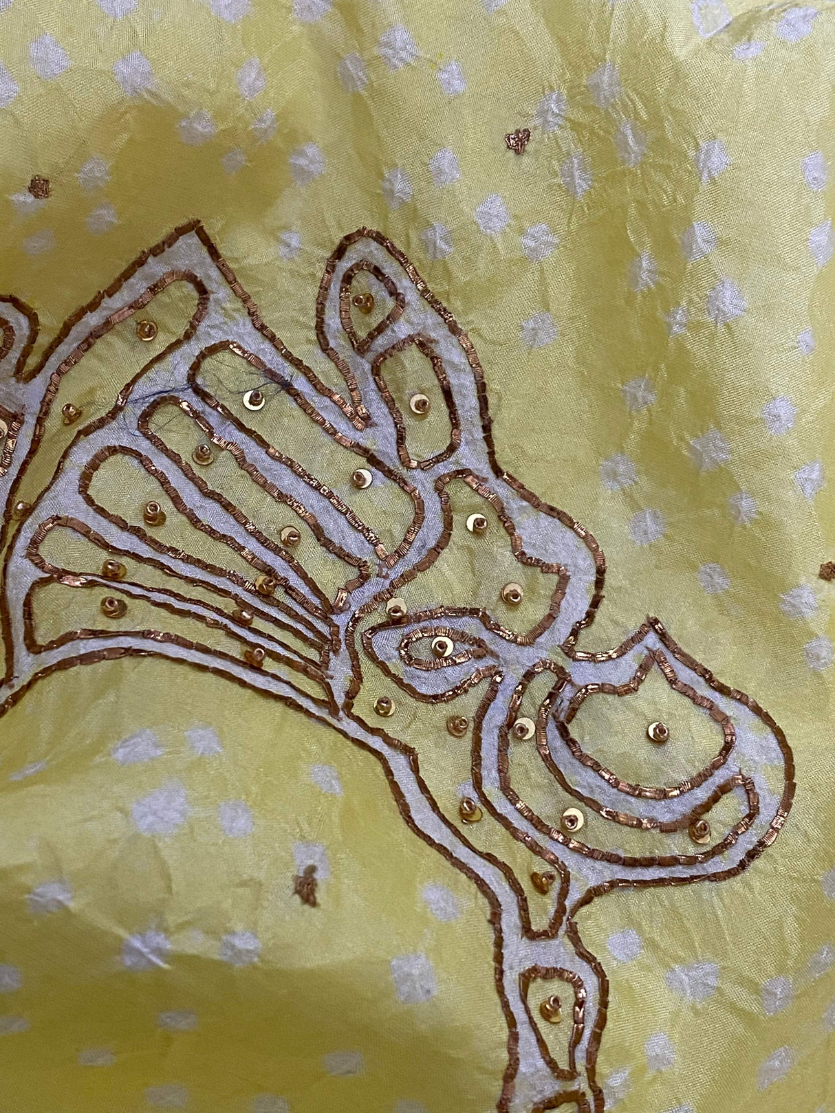 Yellow Pure silk bandhani kurta fabric with Embroidery