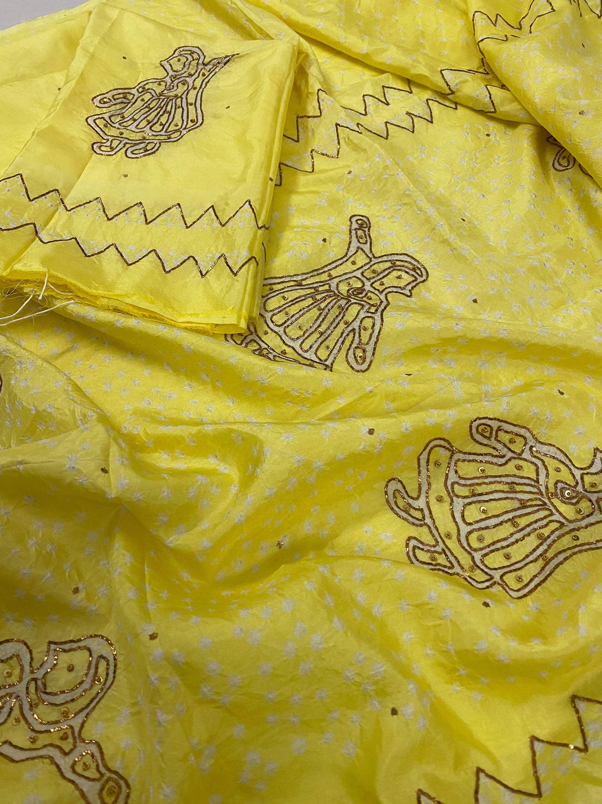 Yellow Pure silk bandhani kurta fabric with Embroidery