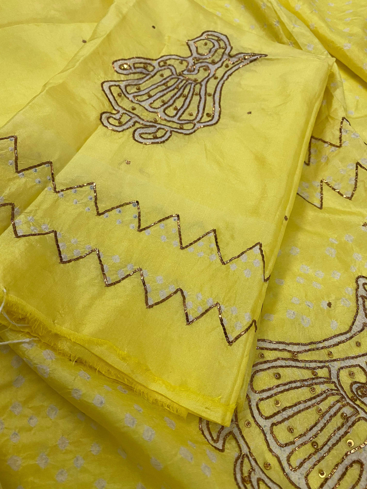 Yellow Pure silk bandhani kurta fabric with Embroidery