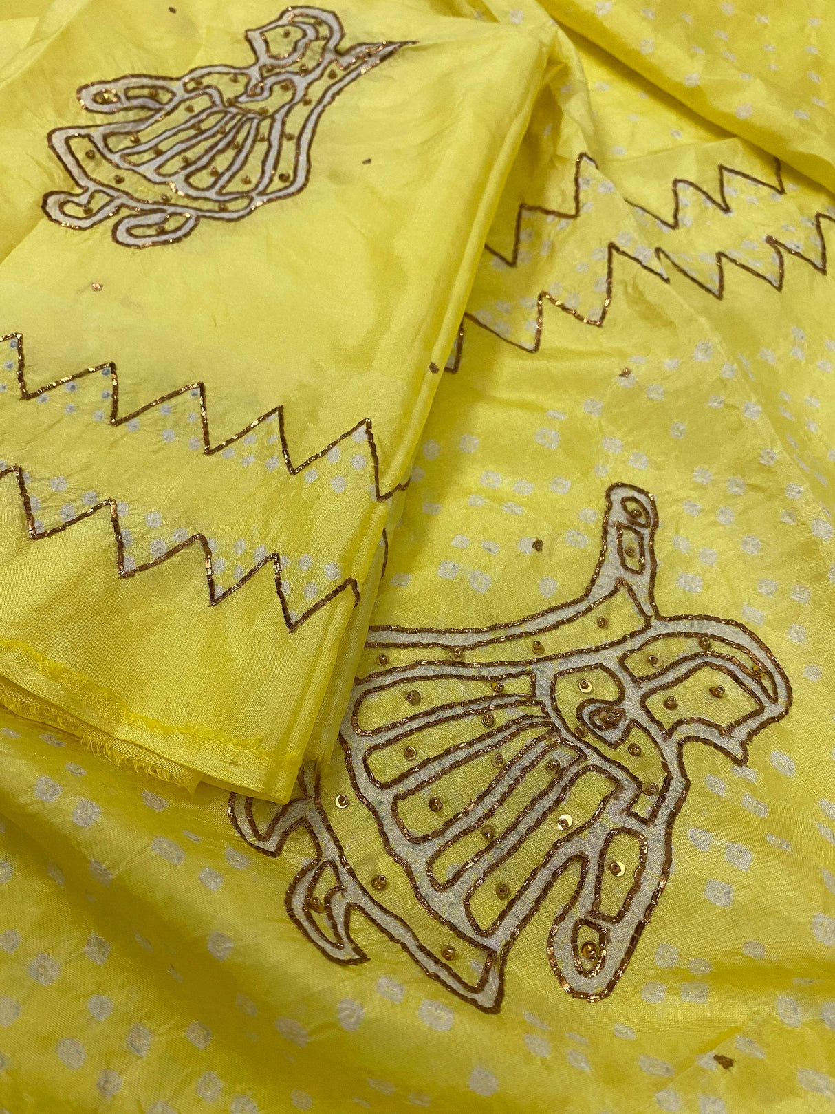 Yellow Pure silk bandhani kurta fabric with Embroidery