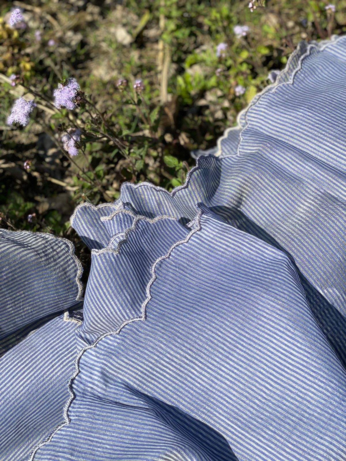 Greyish Blue Handloom Neem Reshami Dupatta with delicate Scalloping