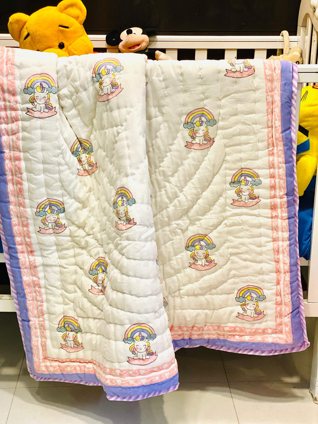 artisan-crafted unicorn baby quilts from Jaipur with soft mulmul cotton and eco-friendly dyes