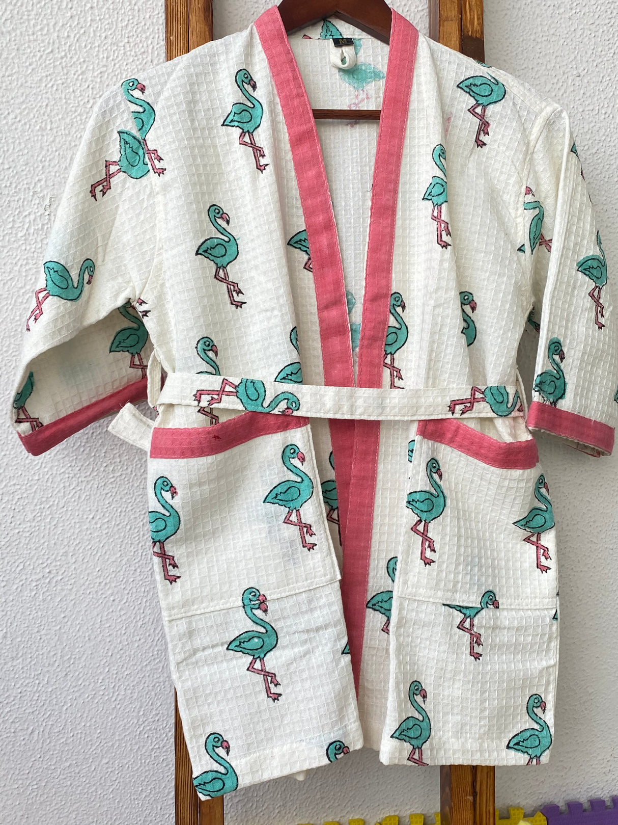 bulk buy girls cotton waffle flamingo bathrobes handblock printed for boutiques Malaysia and Singapore