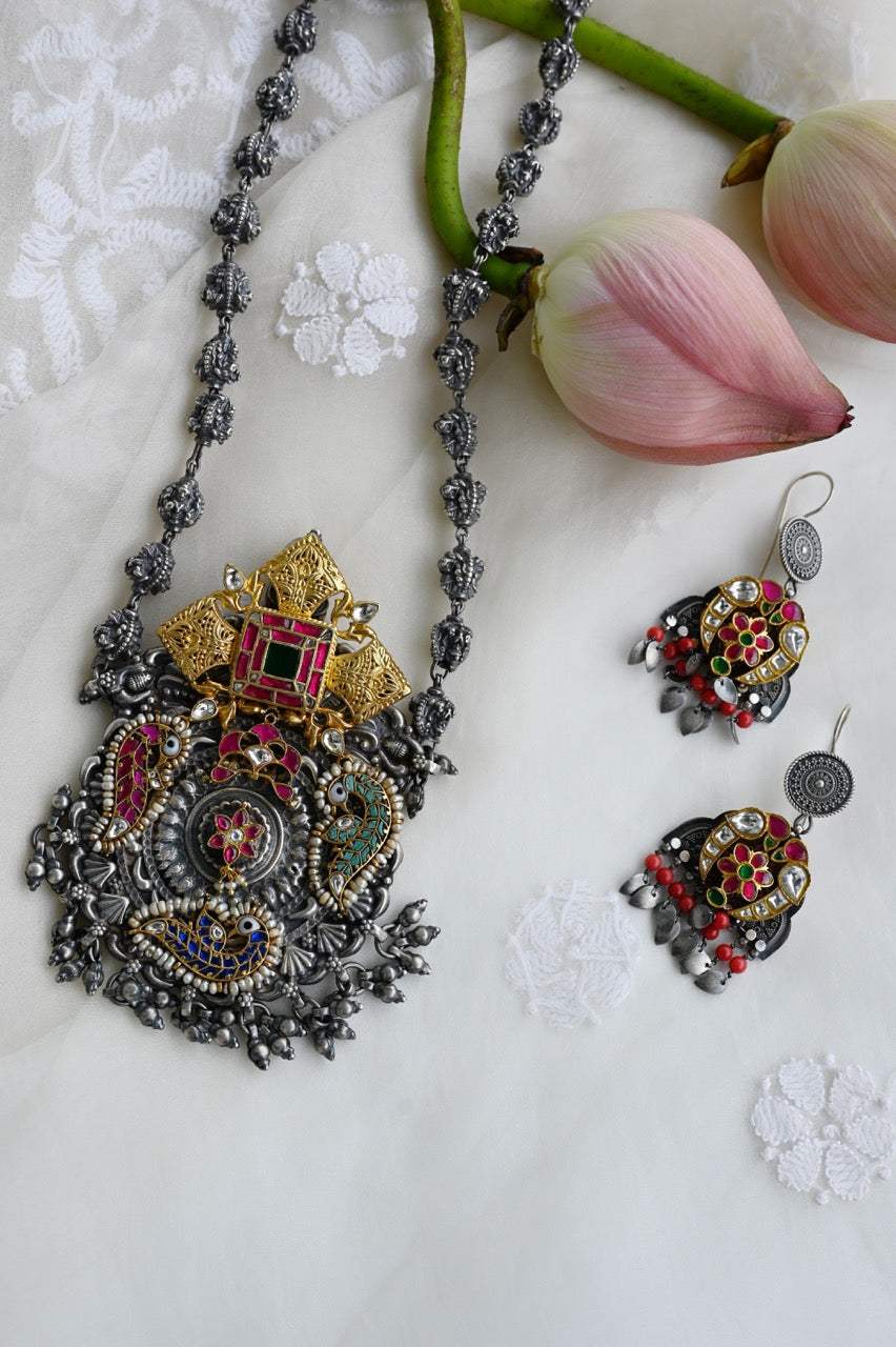 Handcrafted Silver Temple Necklace with earrings