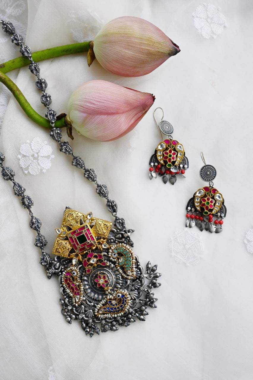 Handcrafted Silver Temple Necklace with earrings