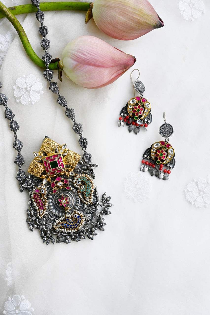 Handcrafted Silver Temple Necklace with earrings