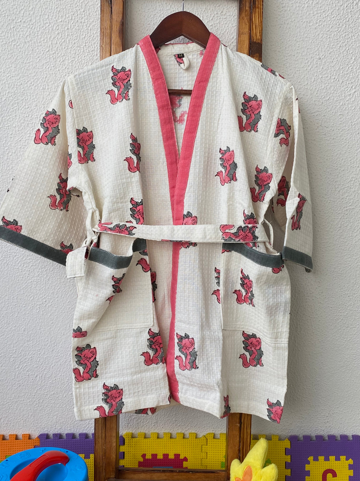 moms favorite kids bathrobe in soft block printed waffle cotton ideal for bulk gifting at birthday parties meetups and return gift hampers