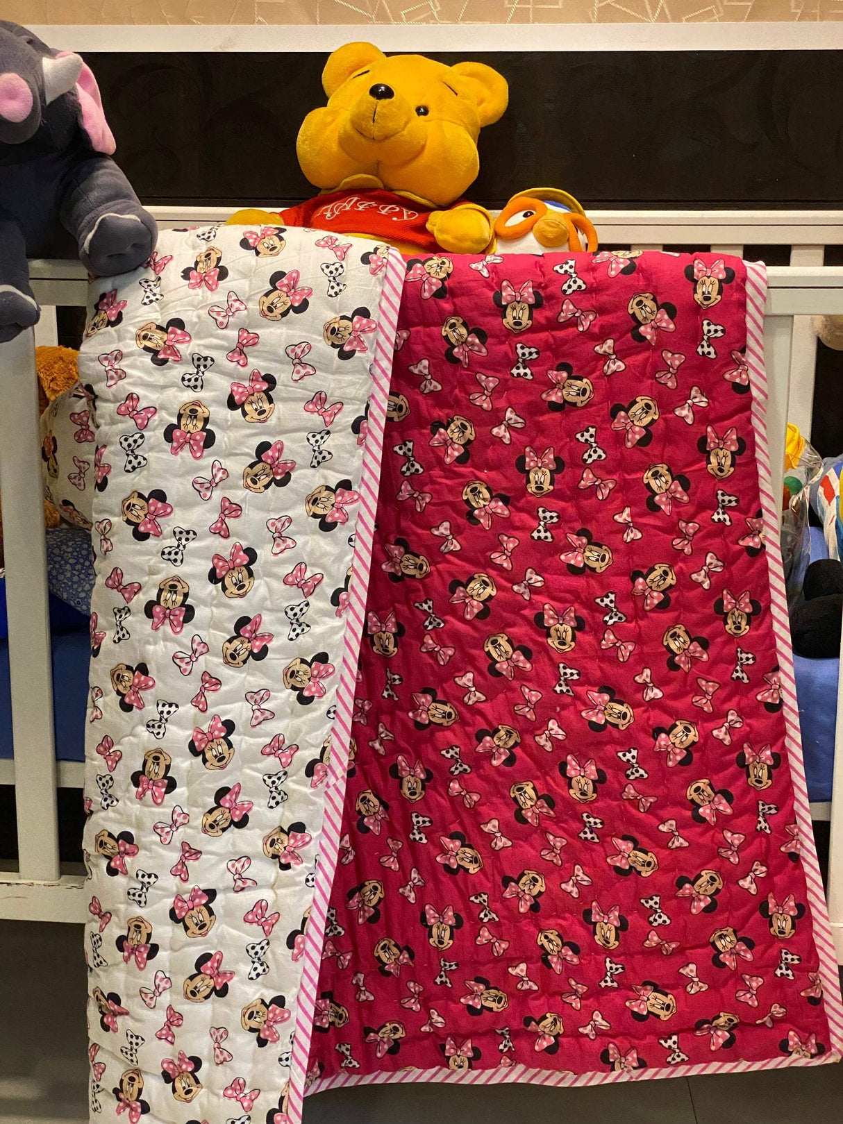 pure cotton handmade minnie mouse quilt for girls birthday return favors made by artisans of Jaipur and shipped to USA UK and Australia