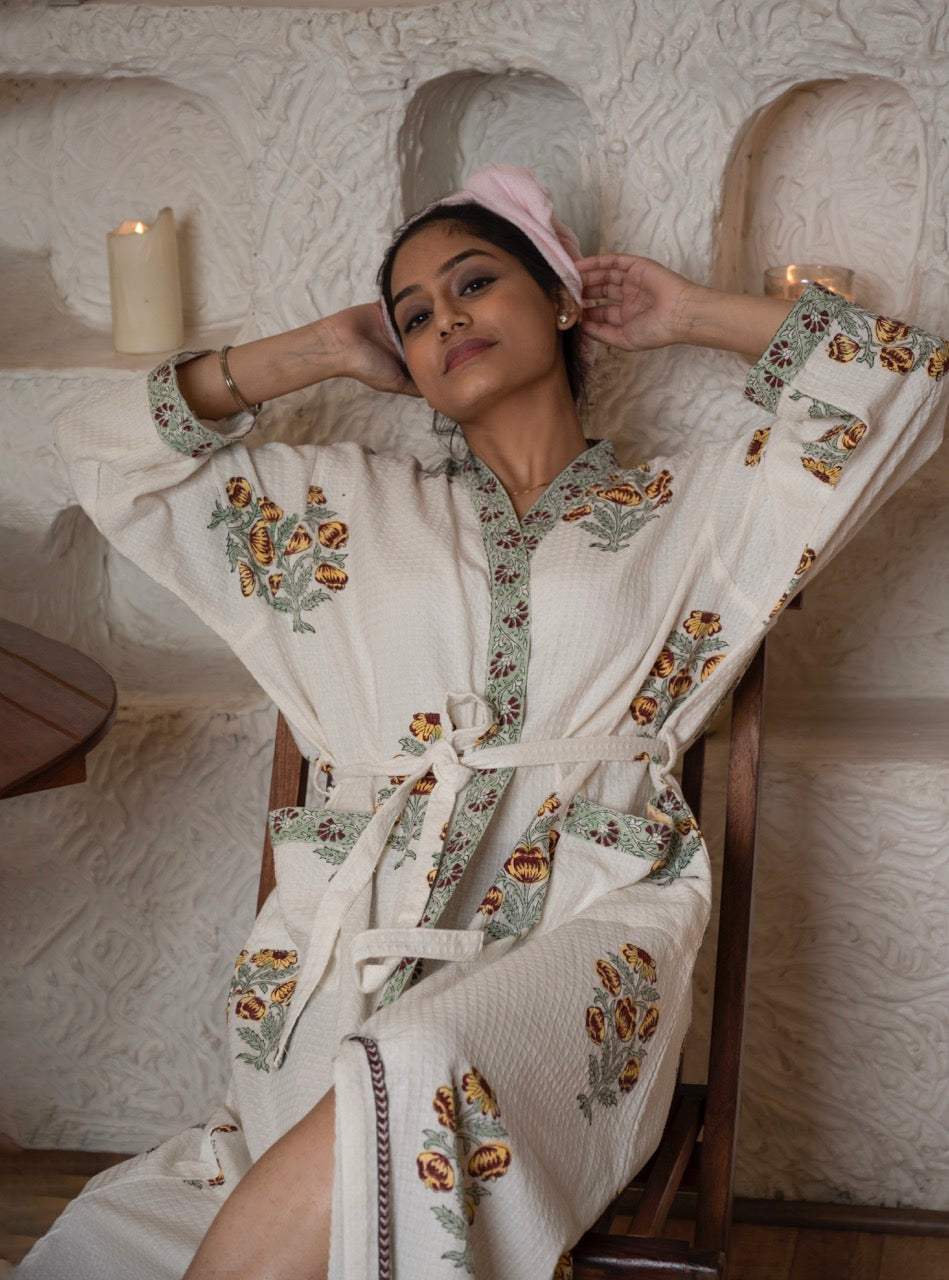 brown-floral-cotton-waffle-bathrobe-front-angled-view