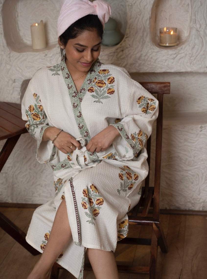 brown-floral-cotton-waffle-bathrobe-front-view