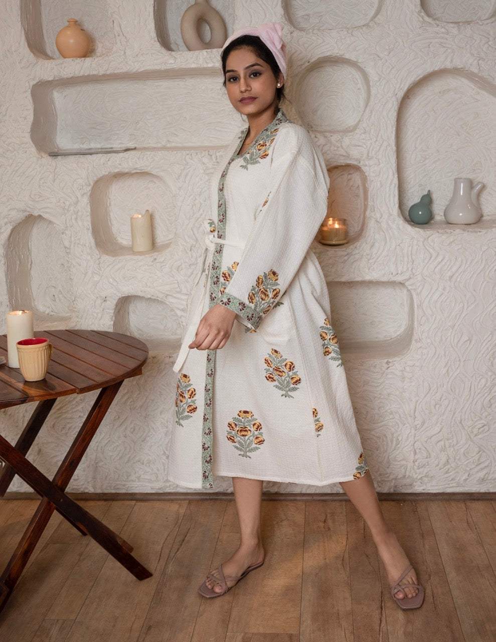 brown-floral-cotton-waffle-bathrobe-full-display-view