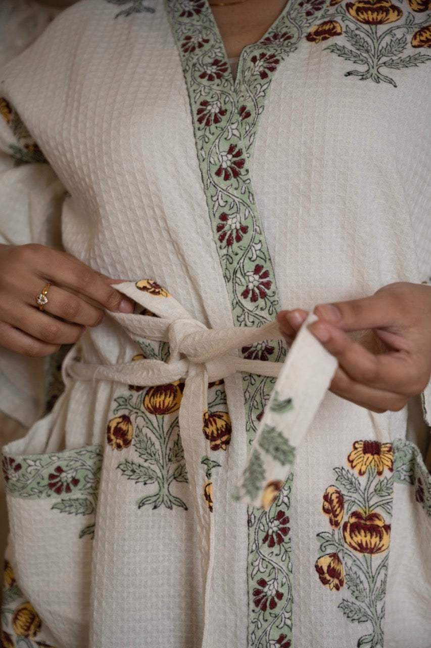 brown-floral-cotton-waffle-bathrobe-hanging-view