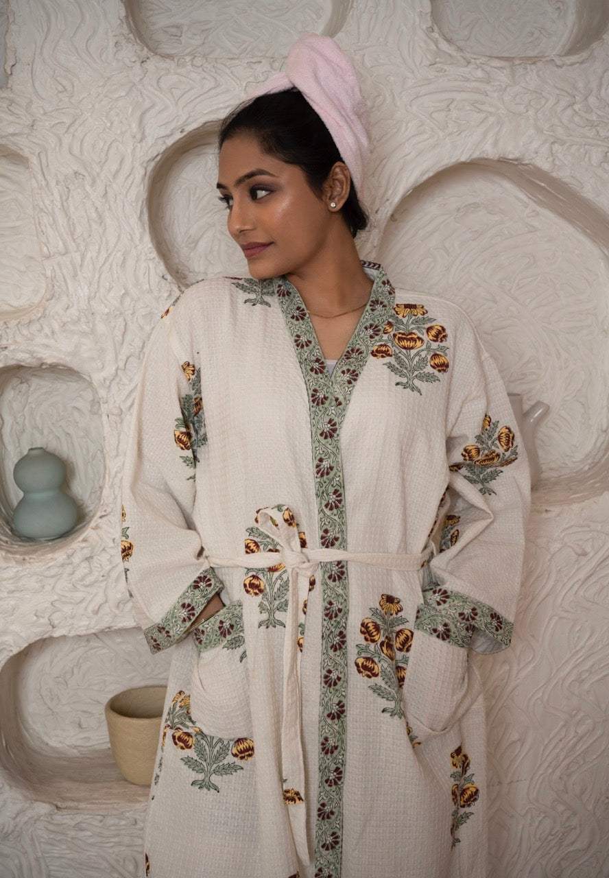 brown-floral-cotton-waffle-bathrobe-side-view