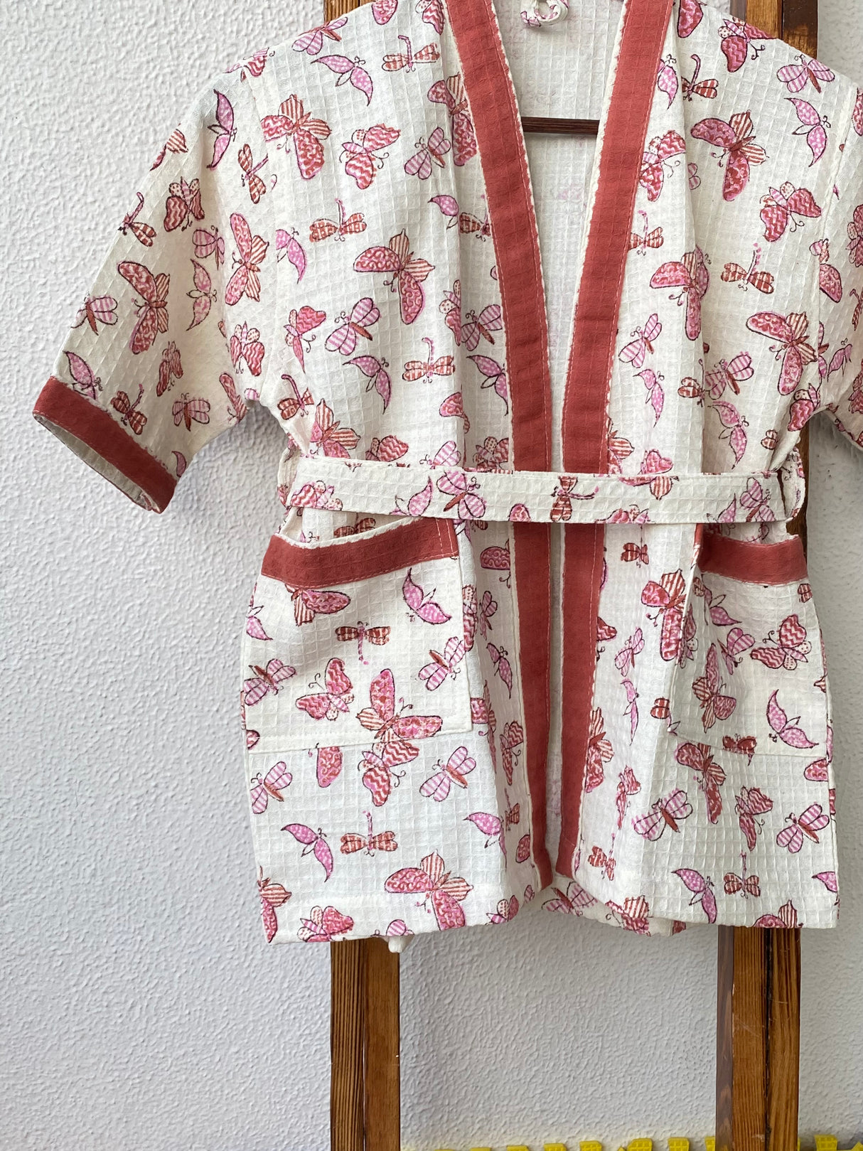 kids bathrobe with butterfly block prints in breathable waffle cotton customized name embroidery perfect for small business resellers