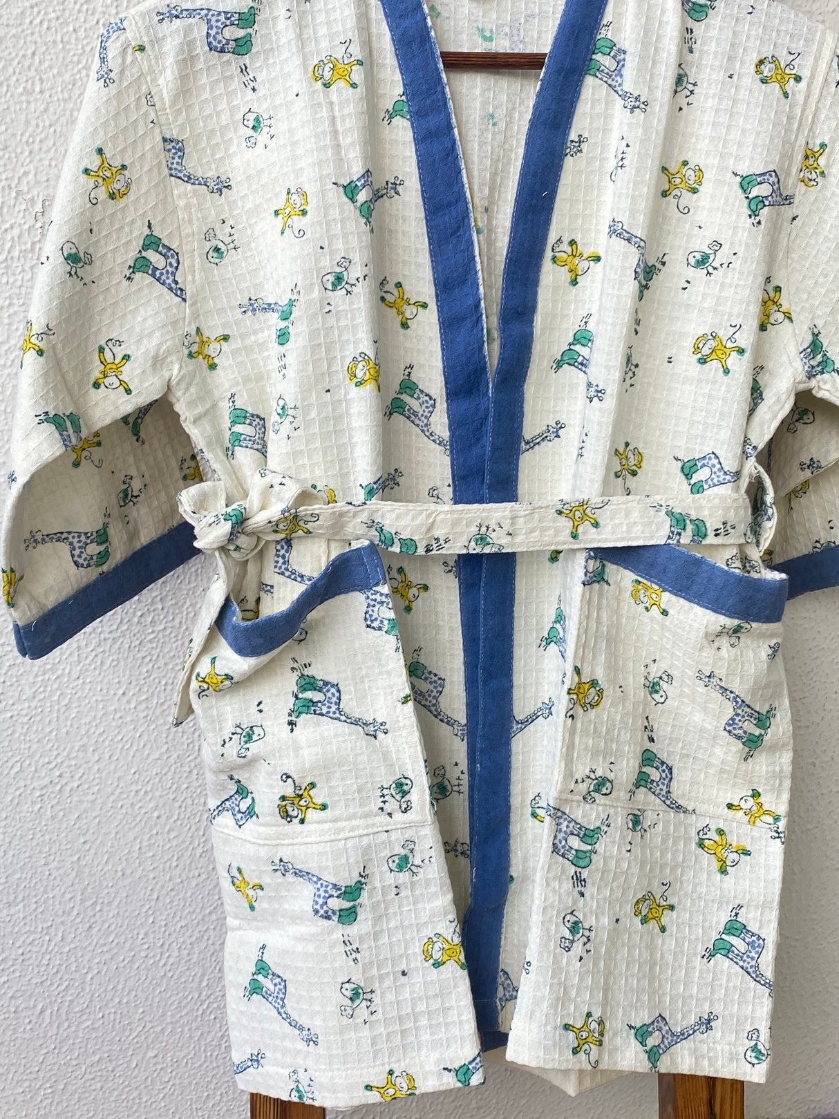 kids cotton waffle bathrobes blue base nursery animals giraffe monkey export quality made in Jaipur