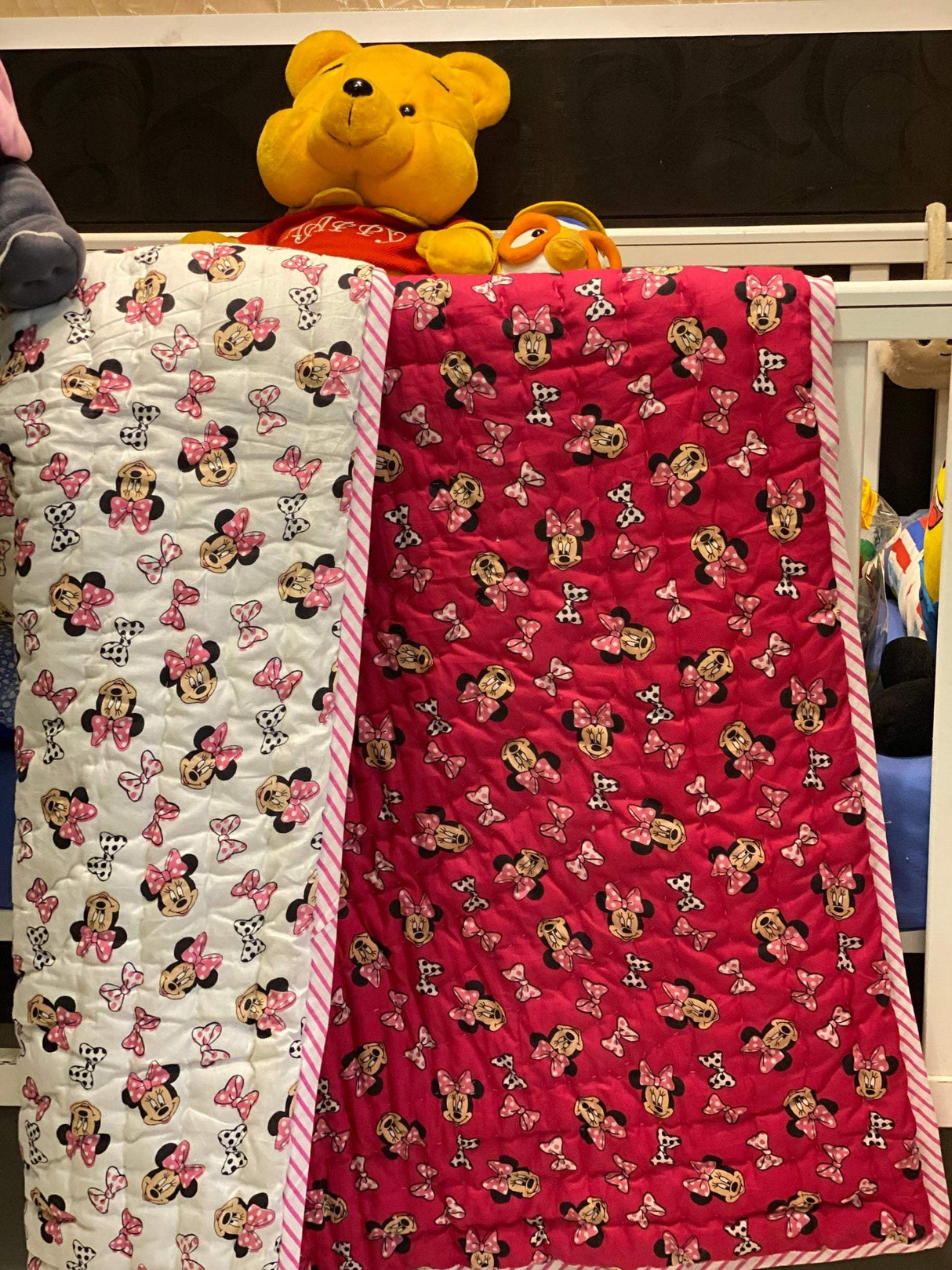 handcrafted pink minnie mouse theme baby quilt with soft cotton filling perfect for bulk return gift ideas for birthday parties in India and abroad